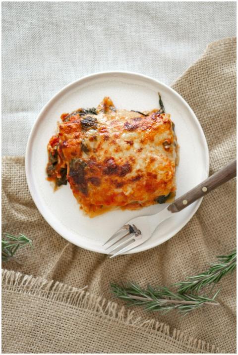 Top view of a classic homemade lasagna served on a