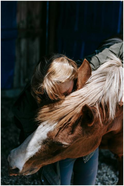 A woman lovingly hugs a chestnut horse inside a ba