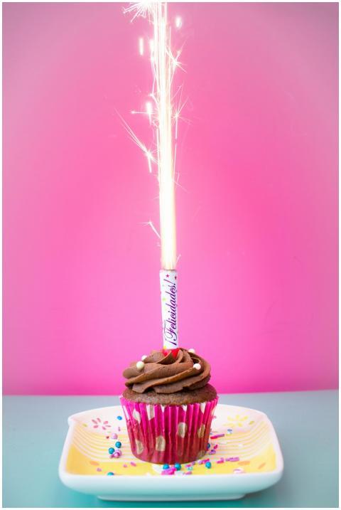 Colorful chocolate cupcake with a sparkling candle