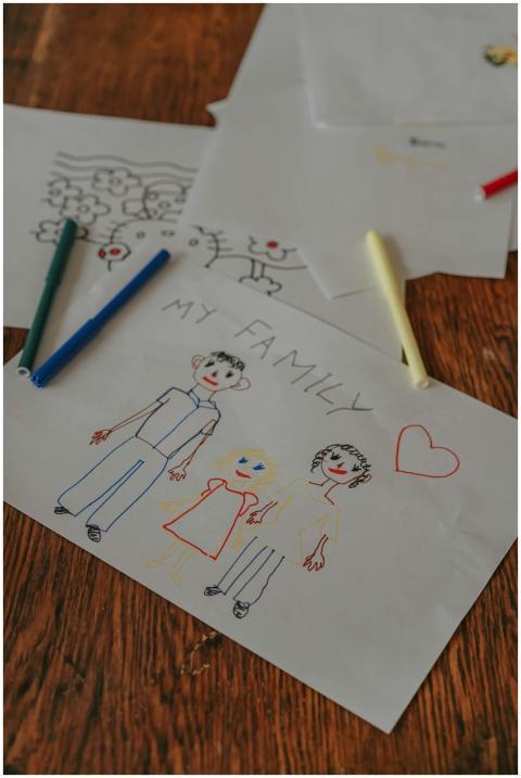 A child's drawing of a family on paper surrounded