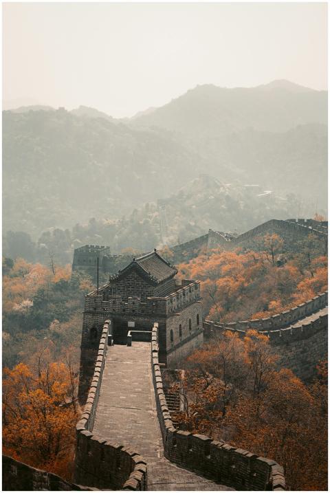 Scenic view of the Great Wall of China surrounded