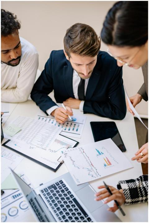 Business professionals collaborating over charts a