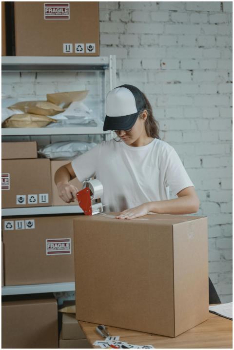 Young female worker sealing cardboard boxes in an