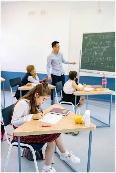 A teacher stands near a blackboard teaching studen