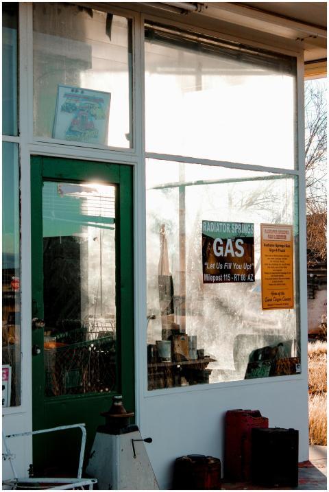 Vintage-inspired gas station facade in Seligman, A