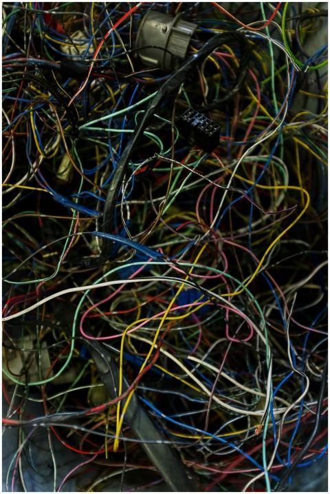 Close-up view of colorful tangled electrical wires