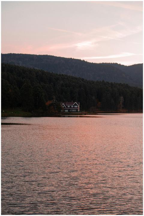 Tranquil view of a lakeside house surrounded by au