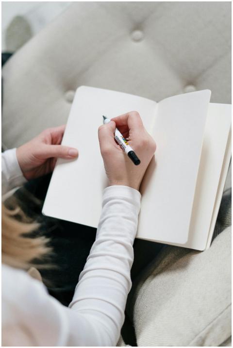 Top view of a woman writing in an open blank journ