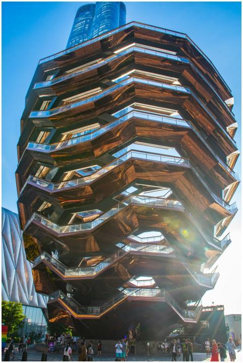 Vessel in Hudson Yards, NYC, with vibrant sunlight