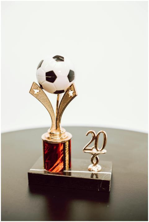 Shiny golden soccer trophy with ball and the year