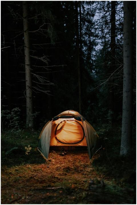 A warmly lit tent in a dark forest setting, perfec