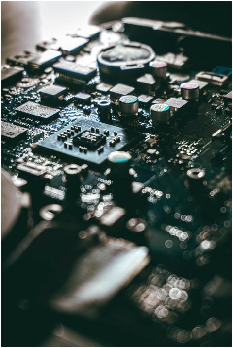 Detailed view of a computer motherboard with capac