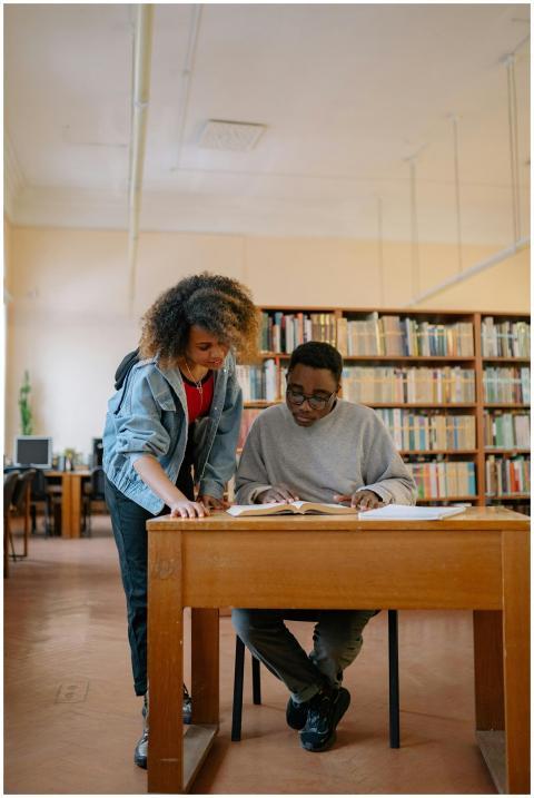 Two university students studying together in a lib