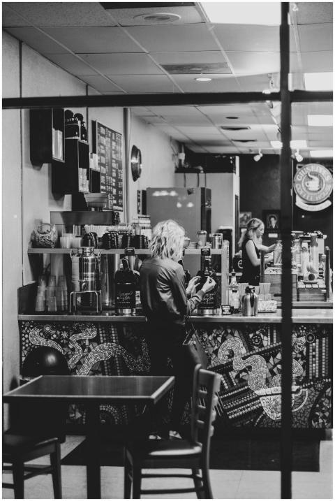 Monochrome view inside a coffee shop with patrons