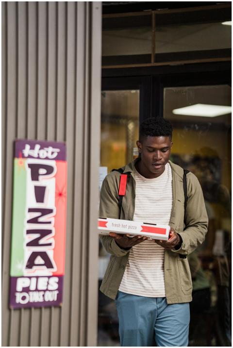 Man holding a pizza box outside a store, with sign
