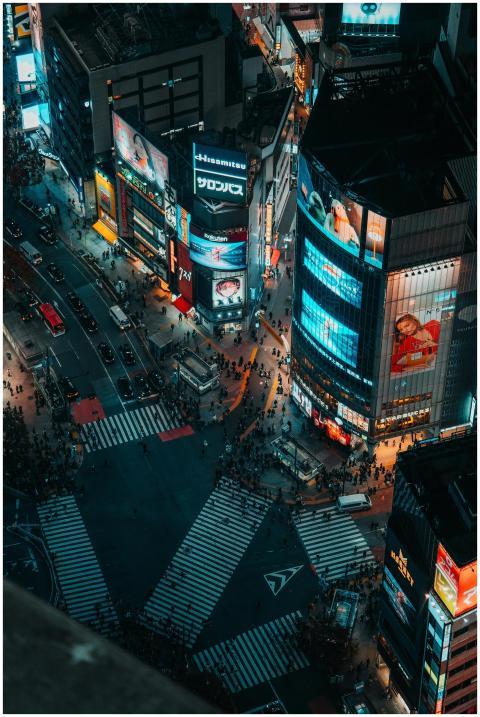 Dynamic night view of bustling Shibuya Crossing in