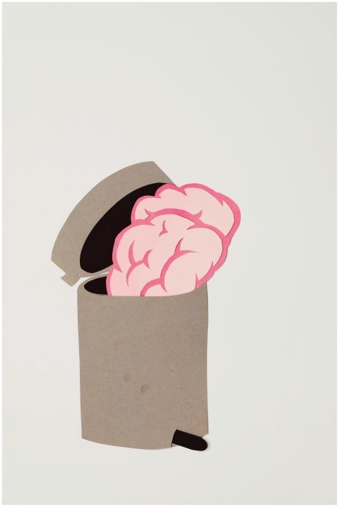 Illustrative art of a brain cutout placed in a tra