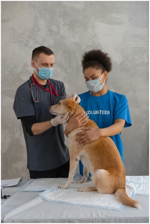 A veterinarian and a volunteer examine a dog durin