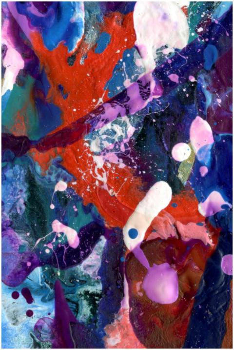 Dynamic abstract painting with vibrant reds, blues