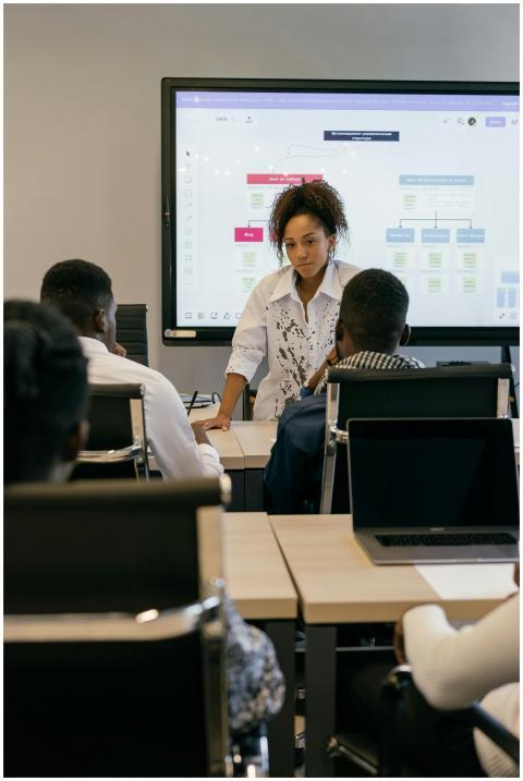 Professionals engaged in a meeting with a digital