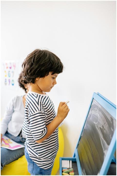 A child writing on a blackboard in a classroom set