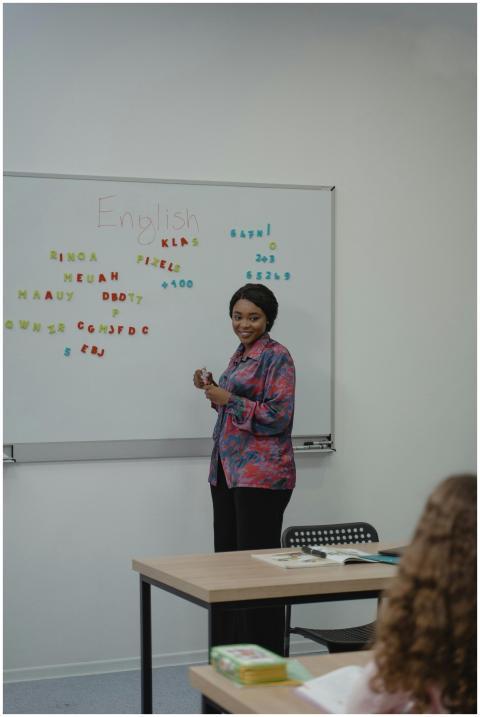 A female teacher explaining an English lesson to s