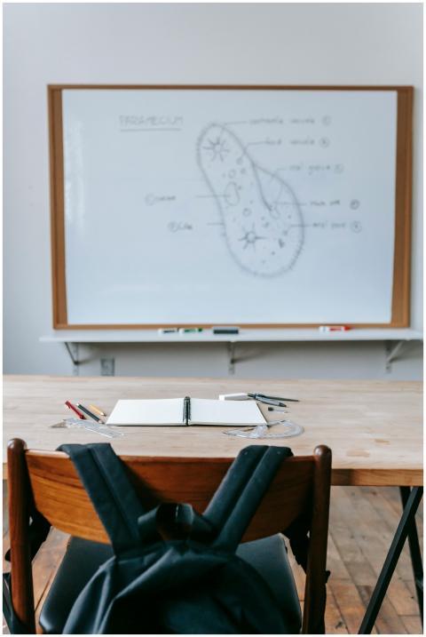 Whiteboard with scheme behind wooden table with va