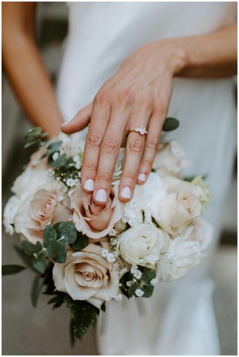 Close-up of a bridal bouquet and manicured hand sh