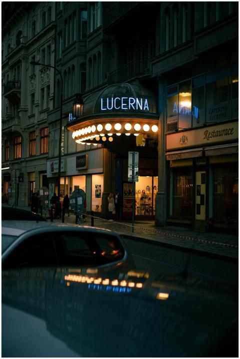 Night view of Lucerna Passage, a historical venue