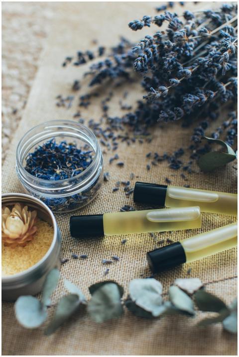 Aromatherapy still life showcasing lavender sprigs
