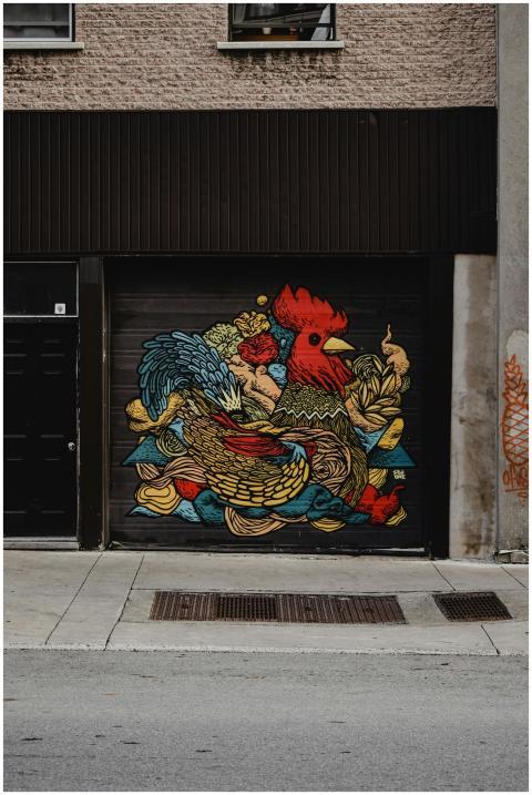 Vibrant graffiti of a rooster on a roll-up door in