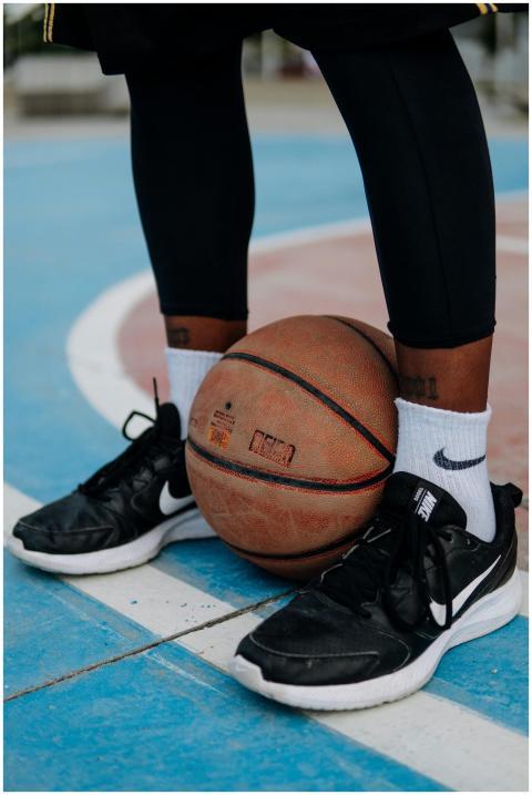 A focused shot of a basketball player's sneakers a