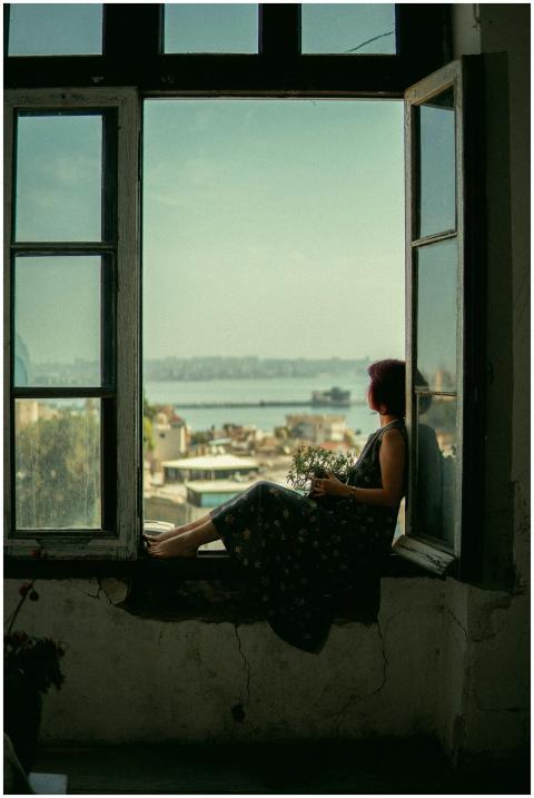 A woman sitting in a window, gazing at a scenic ci