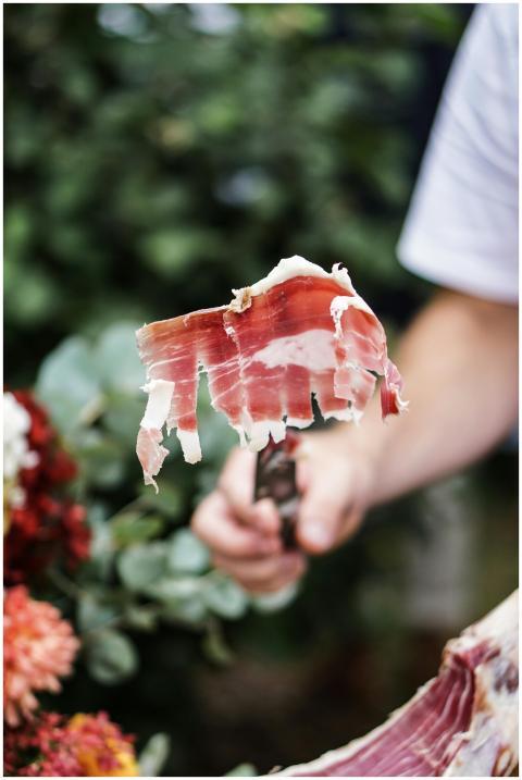 Delicious thinly sliced prosciutto held in focus w
