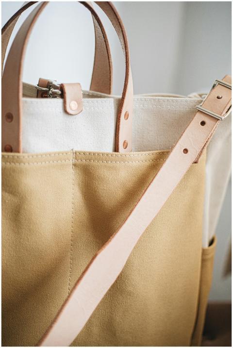 Closeup of a stylish handmade canvas and leather t