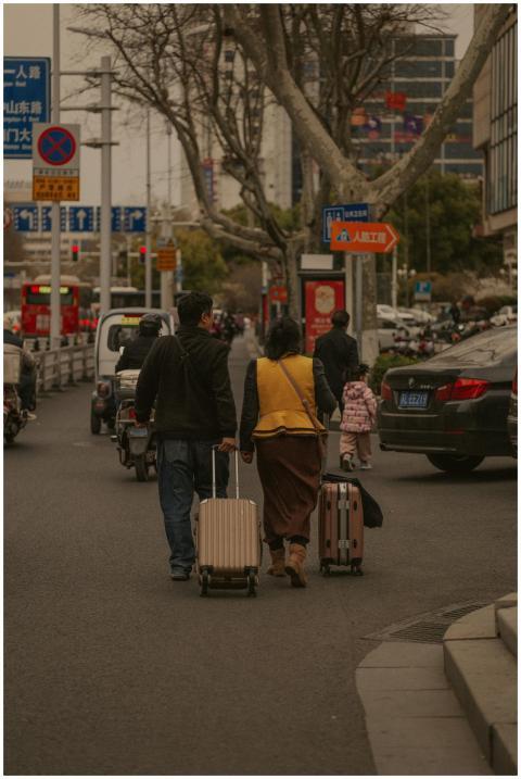 Couple walking with suitcases on a busy city stree