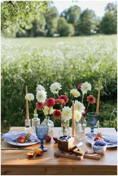 A beautifully arranged summer picnic table outdoor