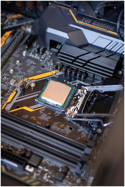 Detailed view of a motherboard with an exposed CPU