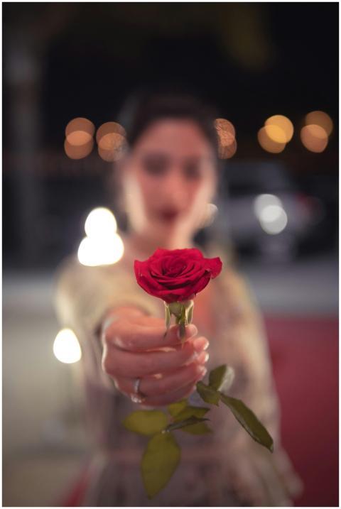 Blurry woman holding a vibrant red rose in focus a