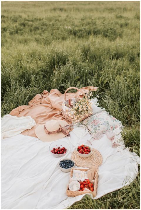 A romantic outdoor picnic with berries and flowers