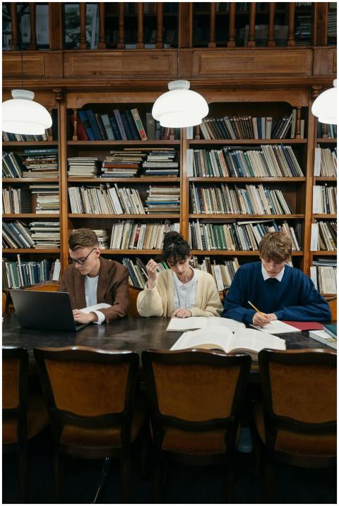 College students engaged in study session at a lib