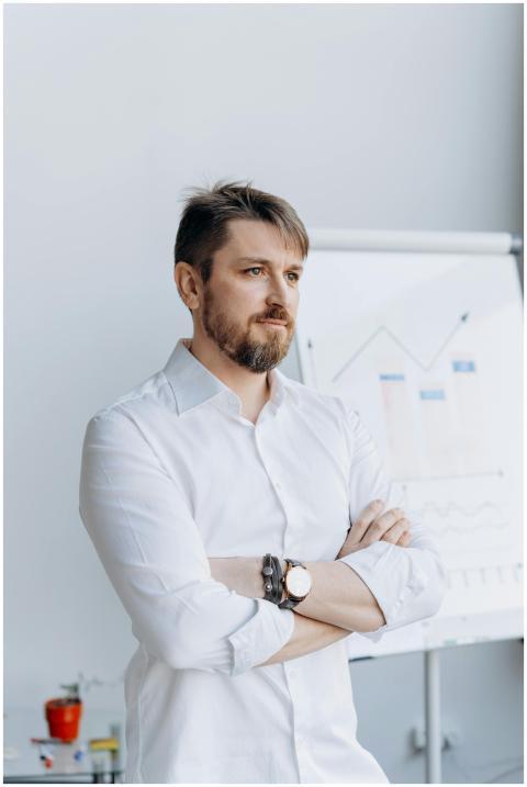 Professional bearded man with arms crossed in a mo