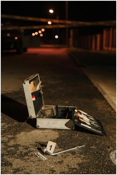 A forensic toolkit and marked evidence lay on a di