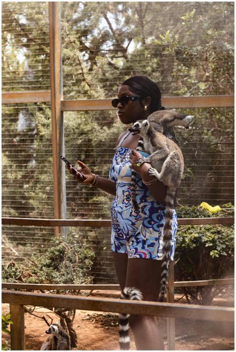 Woman interacting with lemurs at a zoo on a sunny
