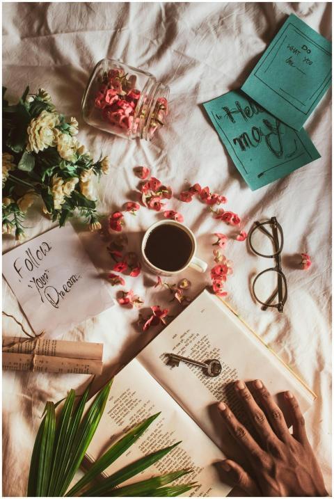 Top view of crop anonymous person with opened book