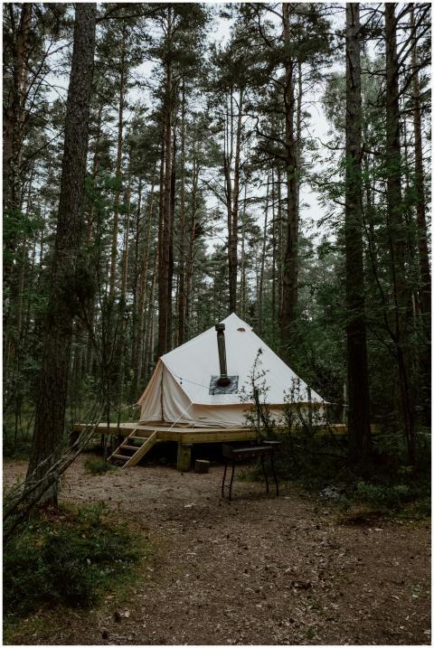 Cozy glamping tent set amidst a serene forest, ide