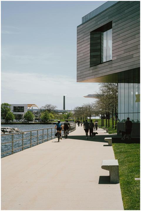 People enjoying a sunny day on a waterfront promen