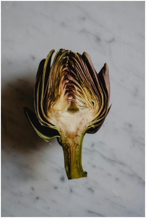 A detailed close-up of a fresh artichoke cut in ha