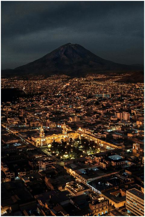 Breathtaking aerial view of Arequipa, Peru at nigh