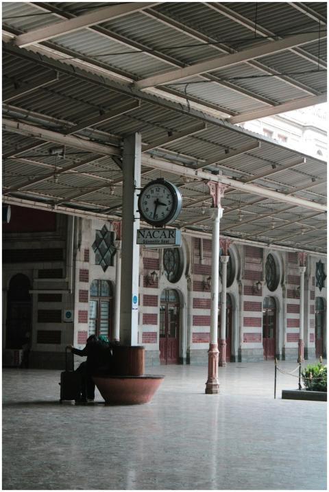 Woman waiting with luggage at a historic train sta